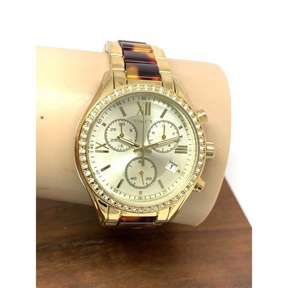 Timex Women's Watch TW2V74800 Quartz Chronograph Gold Tortoise Gemmed 38mm - Picture 11 of 14